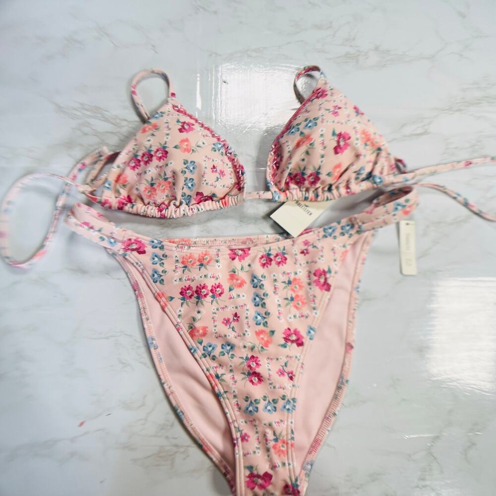 NWT Hollister Beaded Feminine Floral String Triangle Bikini Cheeky Set S / M